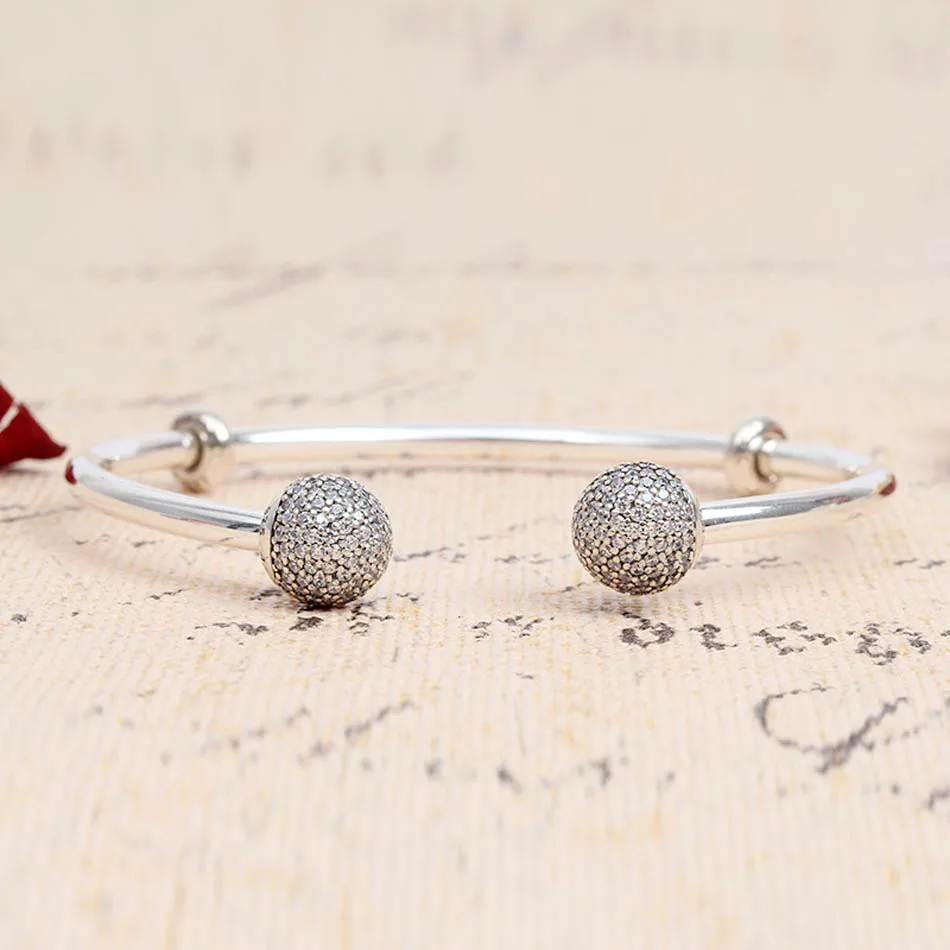 Original MOMENTS Open Bangle Pave Caps WIth Cubic Zirconia Bangle Bracelet Fit Bead Charm 925 Sterling Silver Europe Jewelry