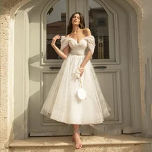 

Pukguro Short Wedding Dresses Off Shoulder Sweetheart Tulle Point Net Tulle Beach Bridal Gown For Women