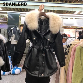 

Leather Jacket Women New Winter Temperament Belt Waist Real Fox Fur Collar Long-Sleeve Plus Cotton Leather Jacket Mid-Length