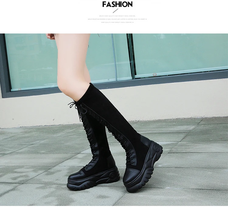 Women Platform Knee High Boots 6.5 Cm Lace-up Platform Boots Ladies Winter Keep Warm Waterproof Women Shoes Black Gray