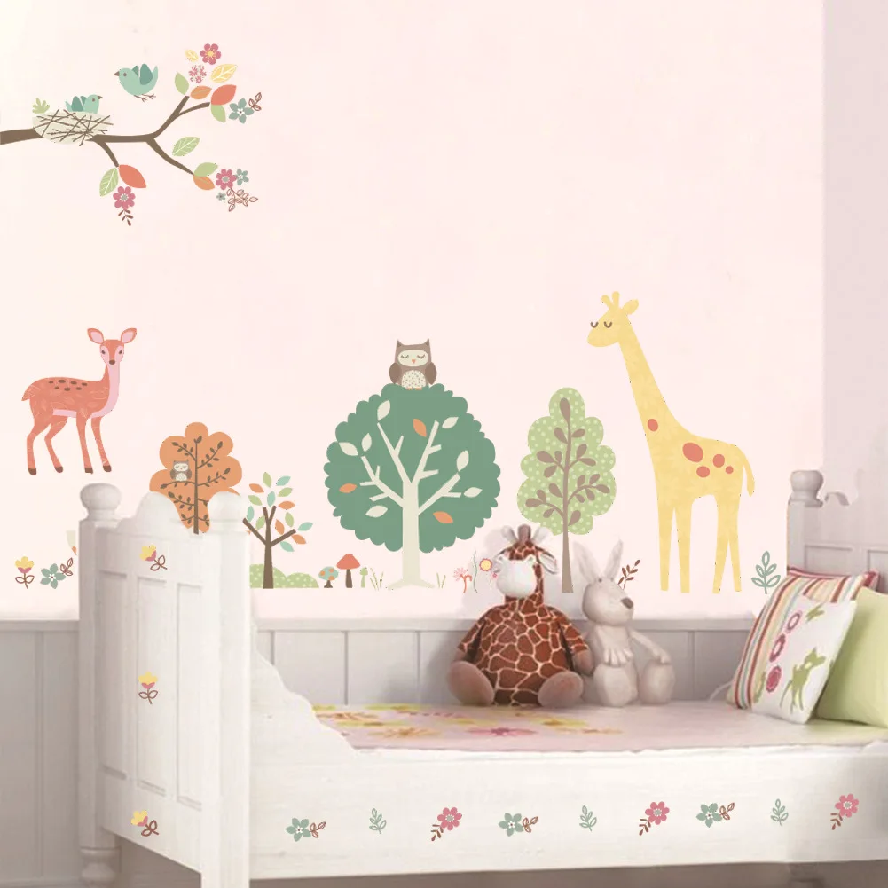 144 New Style Cartoon Giraffe Tree CHILDREN'S Room Kindergarten Environment Decorative TV Background Decoration Wall Stickers