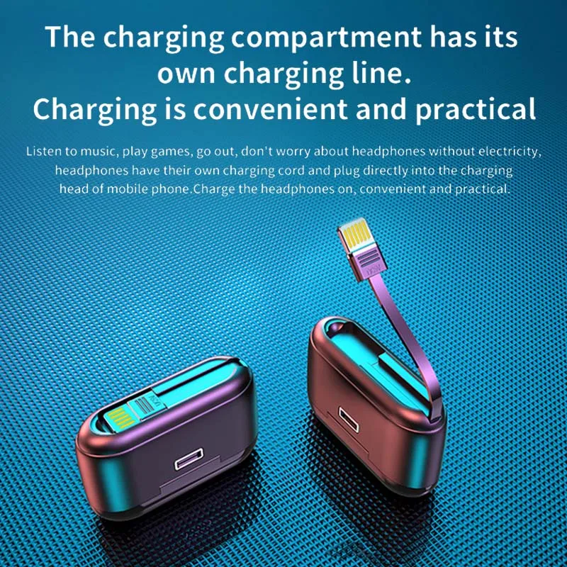 NEW TWS Sport Bluetooth 5.1 Wireless Earphones IPX5 Waterproof With Charging Cable at the Bottom 9D HD Touch Contorl Headset