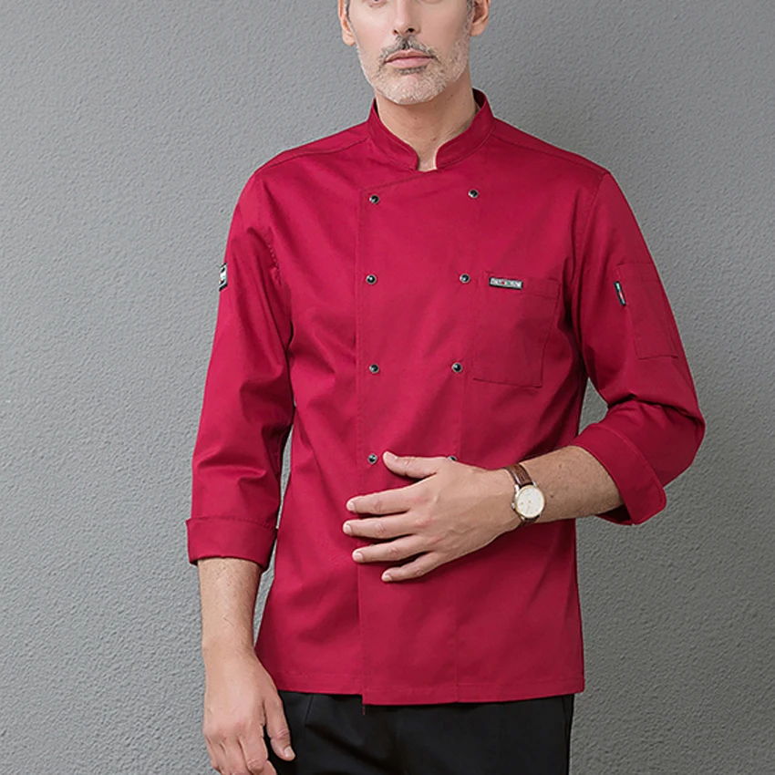 Red Men Chef Uniform Full Sleeve Autumn Winter Worker Food Service Uniform Cook Shirt Kitchen Restaurant Bakery Wear Tops Jacket - Цвет: Red