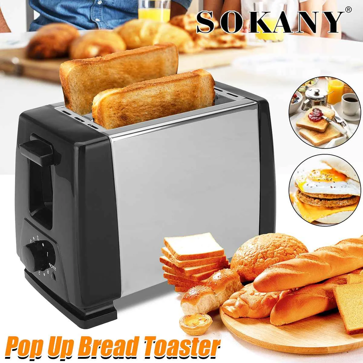 Sokany Electric Toaster 2 Slices Automatic Fast Heating Bread Toaster