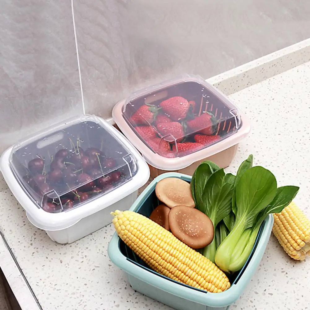 

Multifunction Double-layer Plastic Kitchen Drain Basket Storage Box with Lid