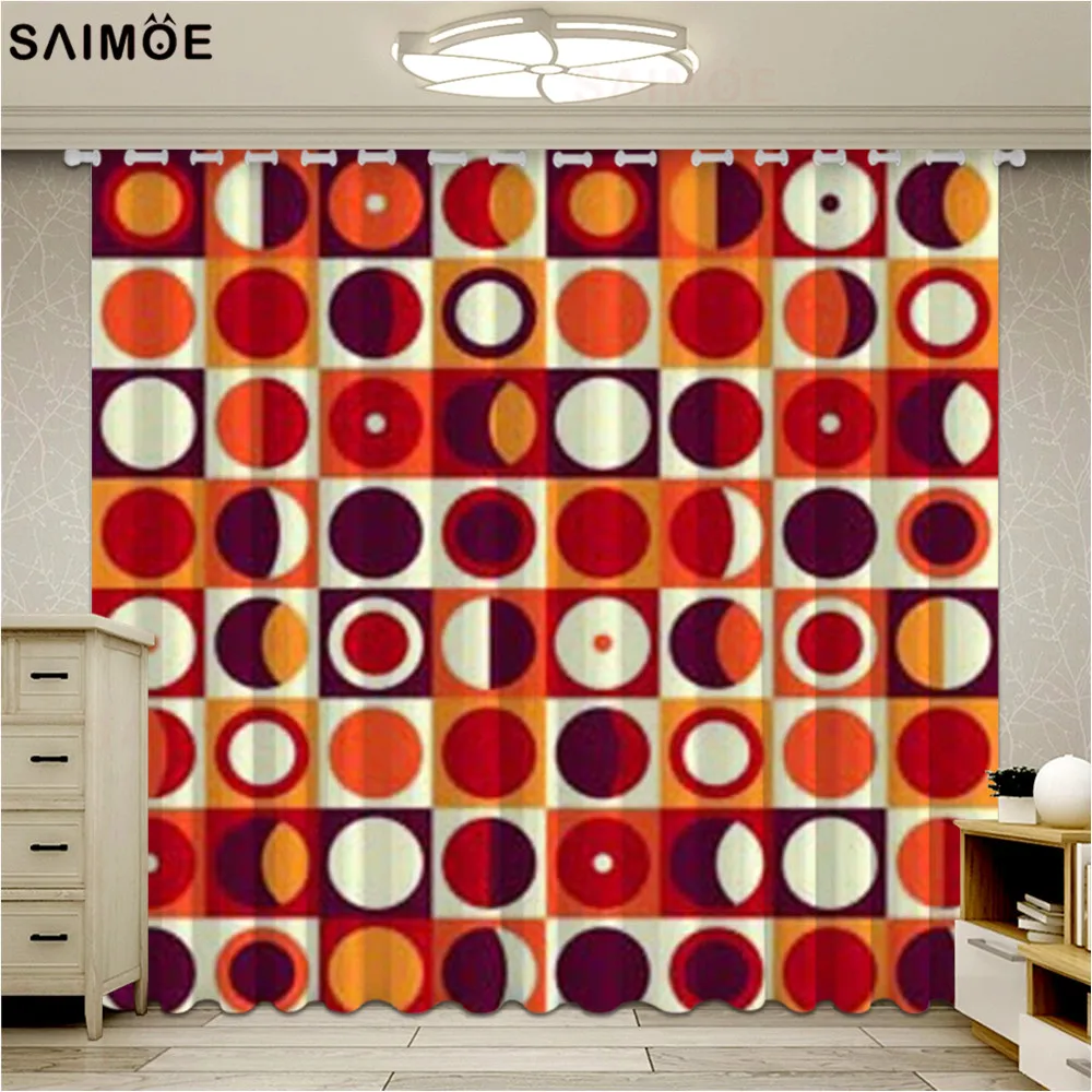 Geometric Curtains Pattern Colors Squares Circles Composition Living Room Bedroom Window Drapes Orange Ultra-thin | Дом и сад