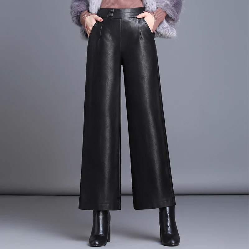 

KALENMOS PU Leather Wide Leg Pants Women High Waist Loose Ankle Length Points Trousers Ladies Plus Size S-5XL 2019 Autumn Winter