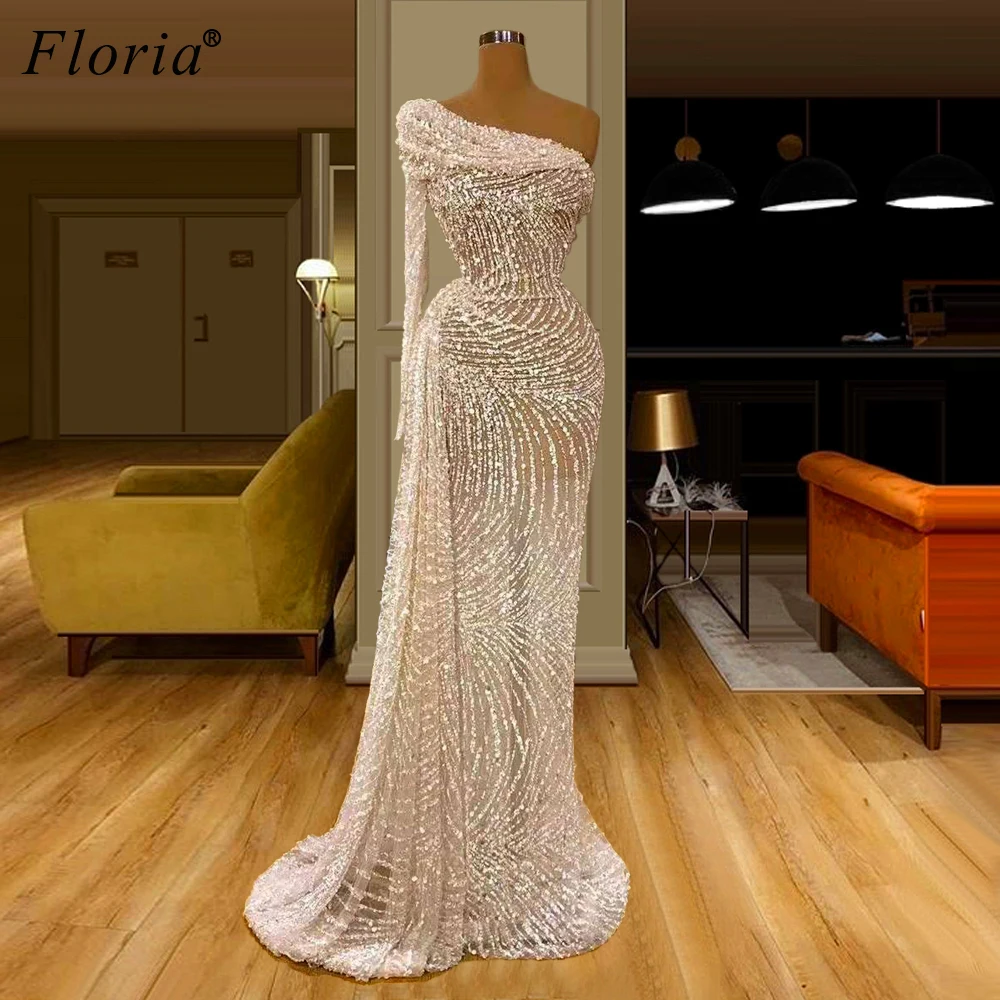 petite formal dresses Muslim One Shoulder Sparkly Evening Dresses Long Dubai Glitter Robe De Soiree Arabic Prom Dress 2020 Women Party Gowns Vestidos long gown