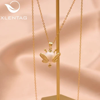 

XlentAg Origianl Design Fresh Water White Pearl Bee Pendant Necklace For Women Lovers' Minimalist Cute Necklace Jewelry GN0165