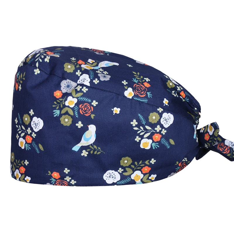 

Print Floral Surgical Caps Medical Nurse Work Hat Chef Cooking Working Skull Cap 100% Cotton Tieback With Sweatband Nursing