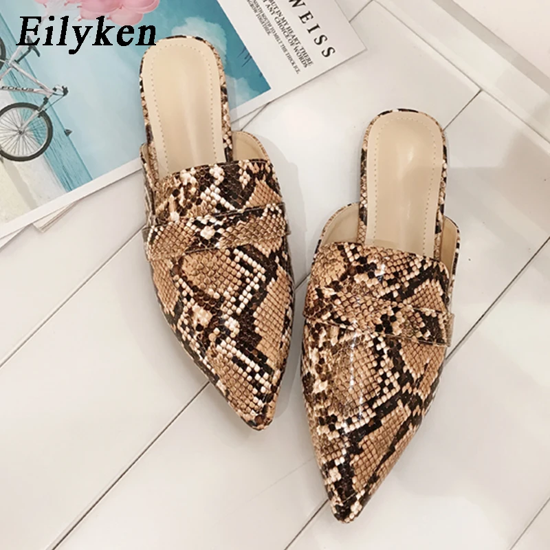 

Eilyken 2020 Spring Autumn Sexy Serpentine Leopard Flocked Woman Flat Shoes Slip On Loafers Mules Flat Flip Flops 35-40