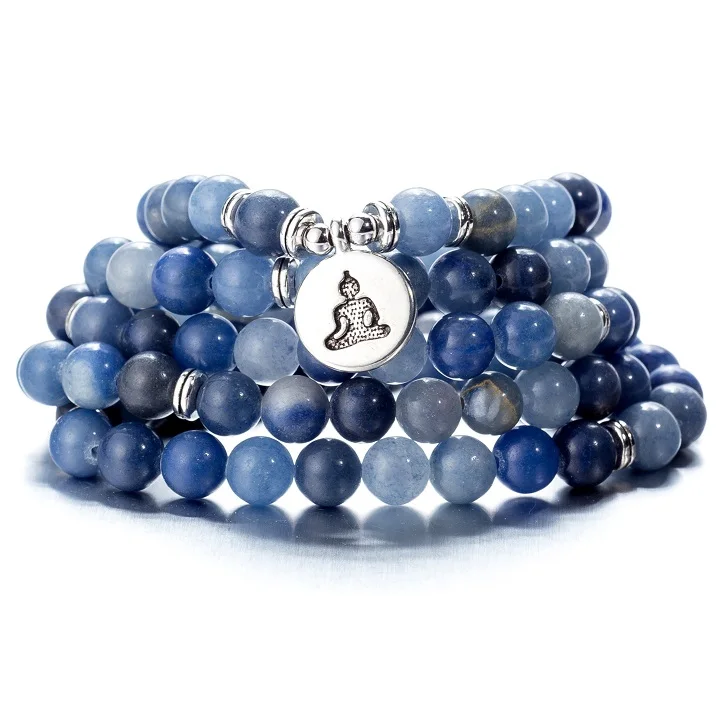 blueagate buddha 108 бусы натуральные камни Мала Будда Лотос дерево чакра Йога пара очарованные эластичные браслеты - Окраска металла: blueagate buddha
