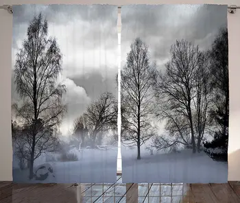 

Winter Curtains Snowy Forest with Frozen Trees Under Stormy Moody Sky Overcast Windy Landscape Living Room Bedroom Window Drapes