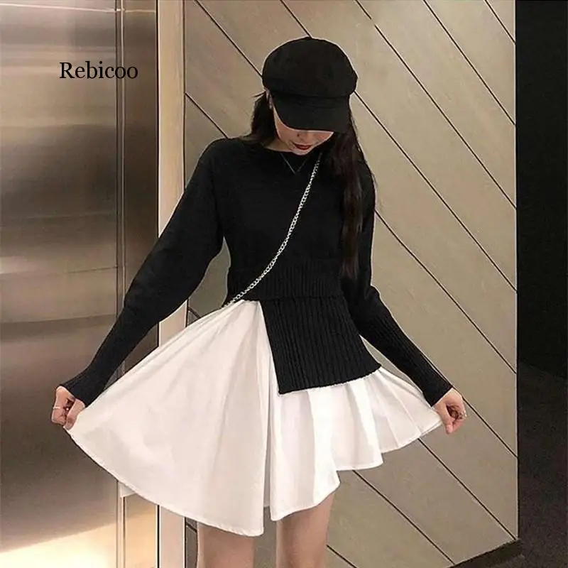 

Autumn Two Pieces Fake Knitted Sweater Female O-neck Long Sleeve Irregular Sweater Ruffles Patchwork Pullover