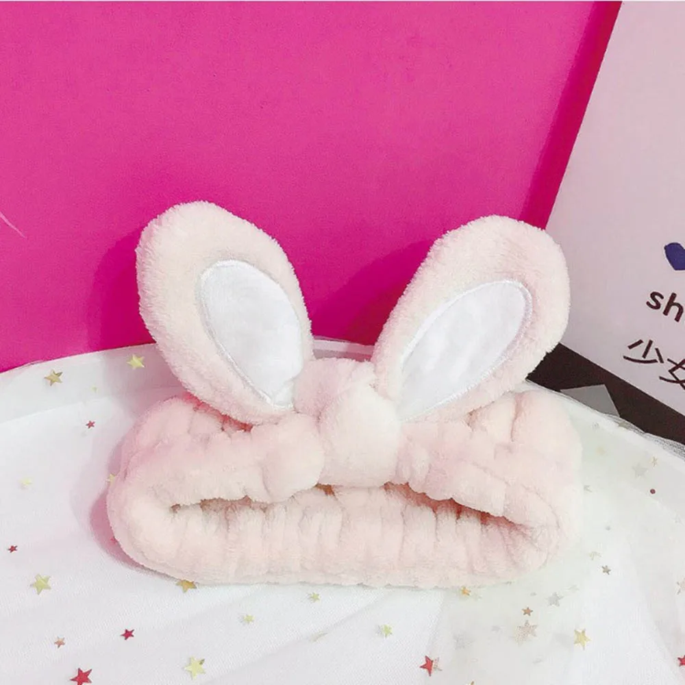 light pink Для женщин заячьи ушки модная повязка для волос для мытья лица головная повязка Головные уборы для девочек повязка на голову из кораллового флиса; аксессуары для волос - Цвет: light pink