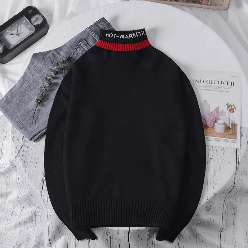 Pull Homme Hiver зимний мужской свитер с вышитыми буквами и высоким воротом, мужской свитер, тонкий теплый мужской пуловер, Повседневный шерстяной мужской свитер
