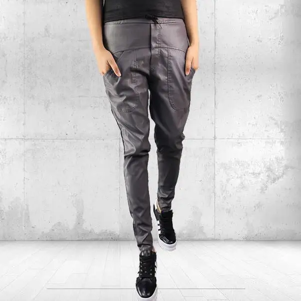 Для женщин Штаны из искусственной кожи на осень с эластичной резинкой талии