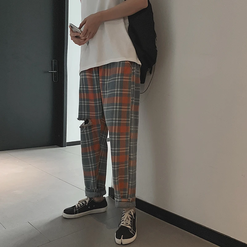 Hole Plaid Jeans Men's Fashion Retro Casual Hole Stretch Waist Ripped Jeans Men Streetwear Loose Hip Hop Straight Denim Trousers