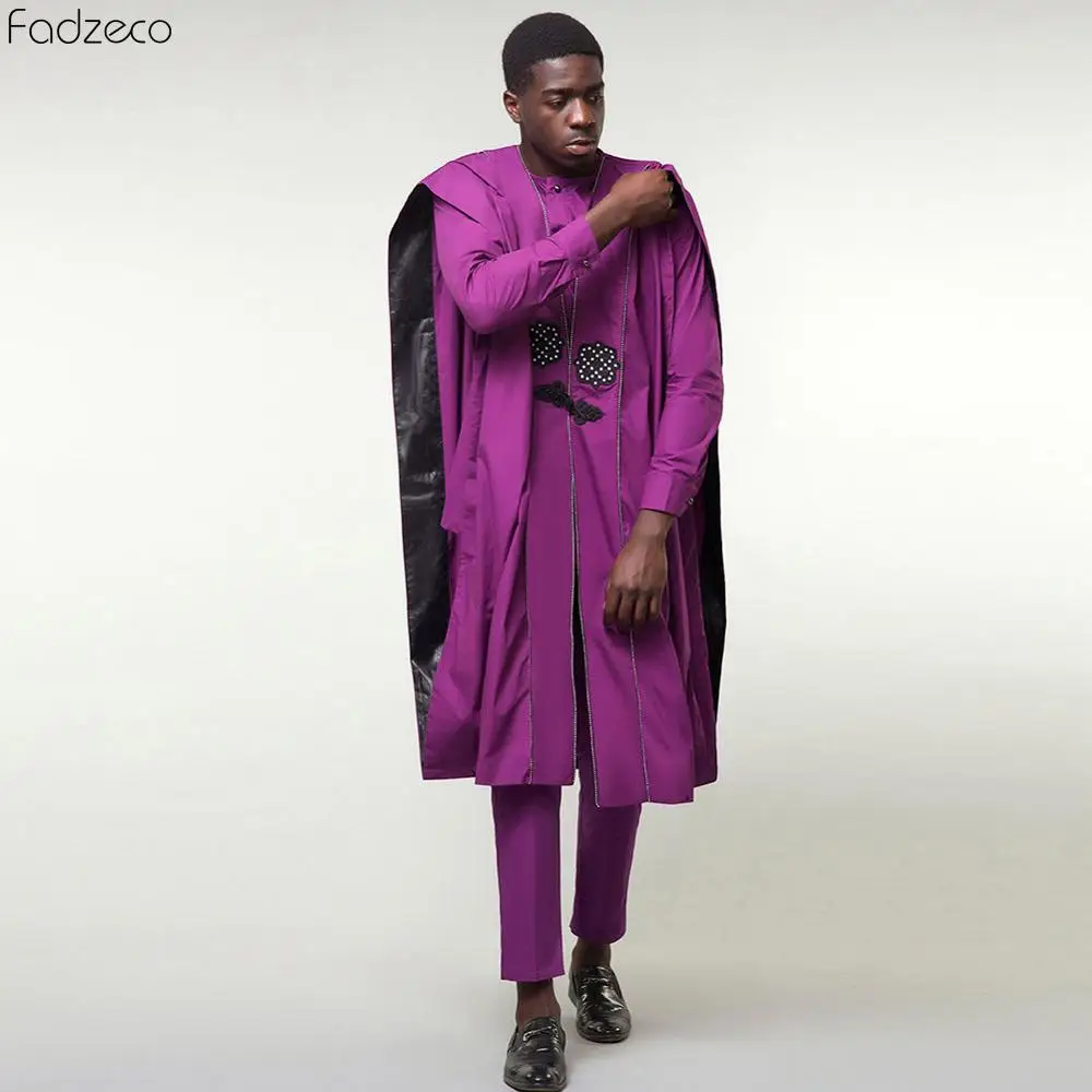 Fadzeco Agbada Мужская африканская 3 шт размера плюс Дашики фиолетовая вышивка бубоус Топы рубашка брюки мужская одежда формальный наряд