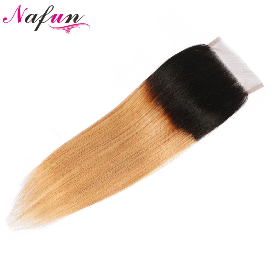 NAFUN Ombre Brazilian Straight Lace Closure Free Part 4x4 Honey Blonde 1b/27 Human Hair With Sightly baby Hair Non Remy 1 Piece