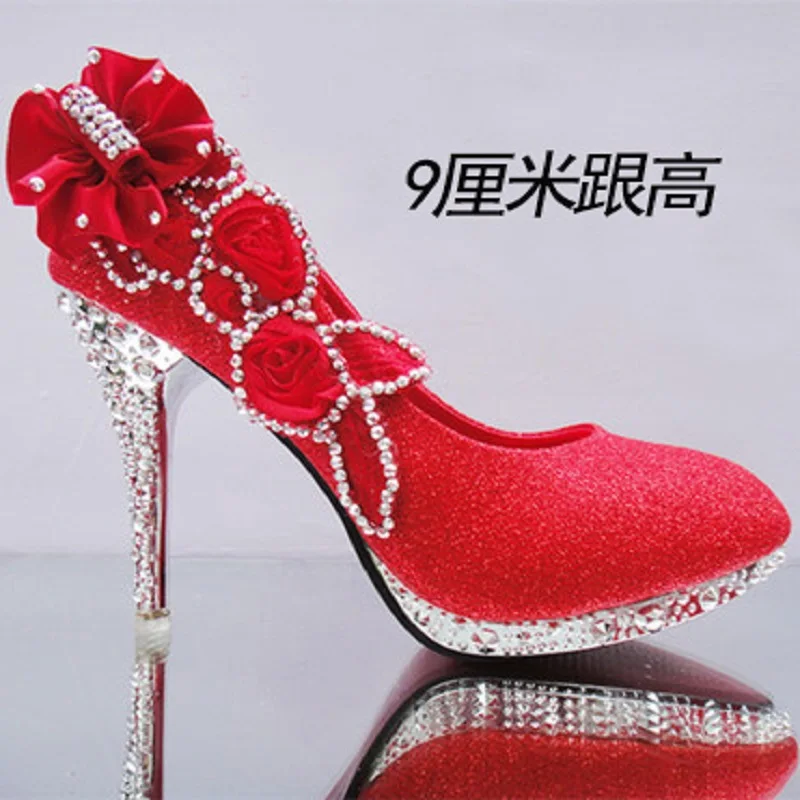 red wedding shoes with rhinestones
