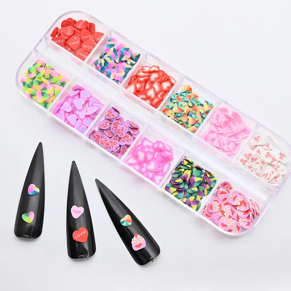 

12Girds/Box-Heart Shaped Fruit Slices Nail Art Patch,Nail Decorations,Red/Pink Love Series Manicure Ornament 35g