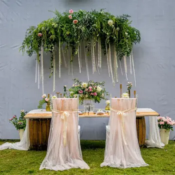 

2Pcs 260x160cm Romantic Tulle Mesh Chair Covers Fluffy Tutu Skirt Slipcovers for Wedding Banquet Party Bridal Shower Decoration