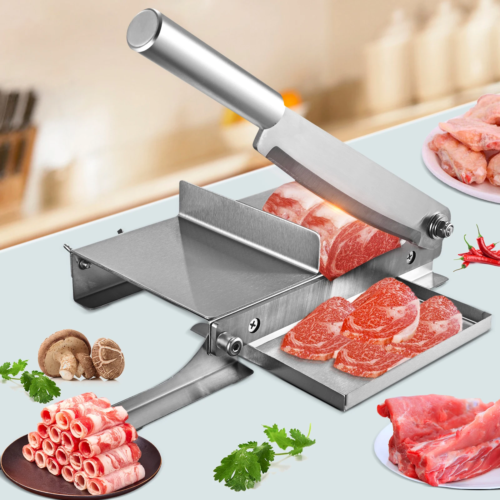 Manual Frozen Meat Slicer, Stainless Steel Meat Cutter Beef Mutton Roll  Meat Food Slicer Slicing Machine Bone Cutter Manual Ribs Chopper for Fish