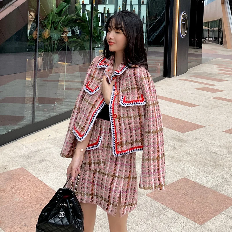 High Quality Tweed 2 Piece Set Fall Designer Pink Plaid Tweed Jacket Skirt Suit Single Breasted Wool Coat& One Step Skirt