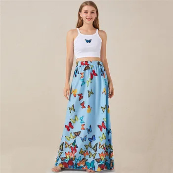 

Women Fashion Printed Skirt Ladieselegant Butterfly Decoration Long Wide Skirt Casual Big Swing Skirt For Women