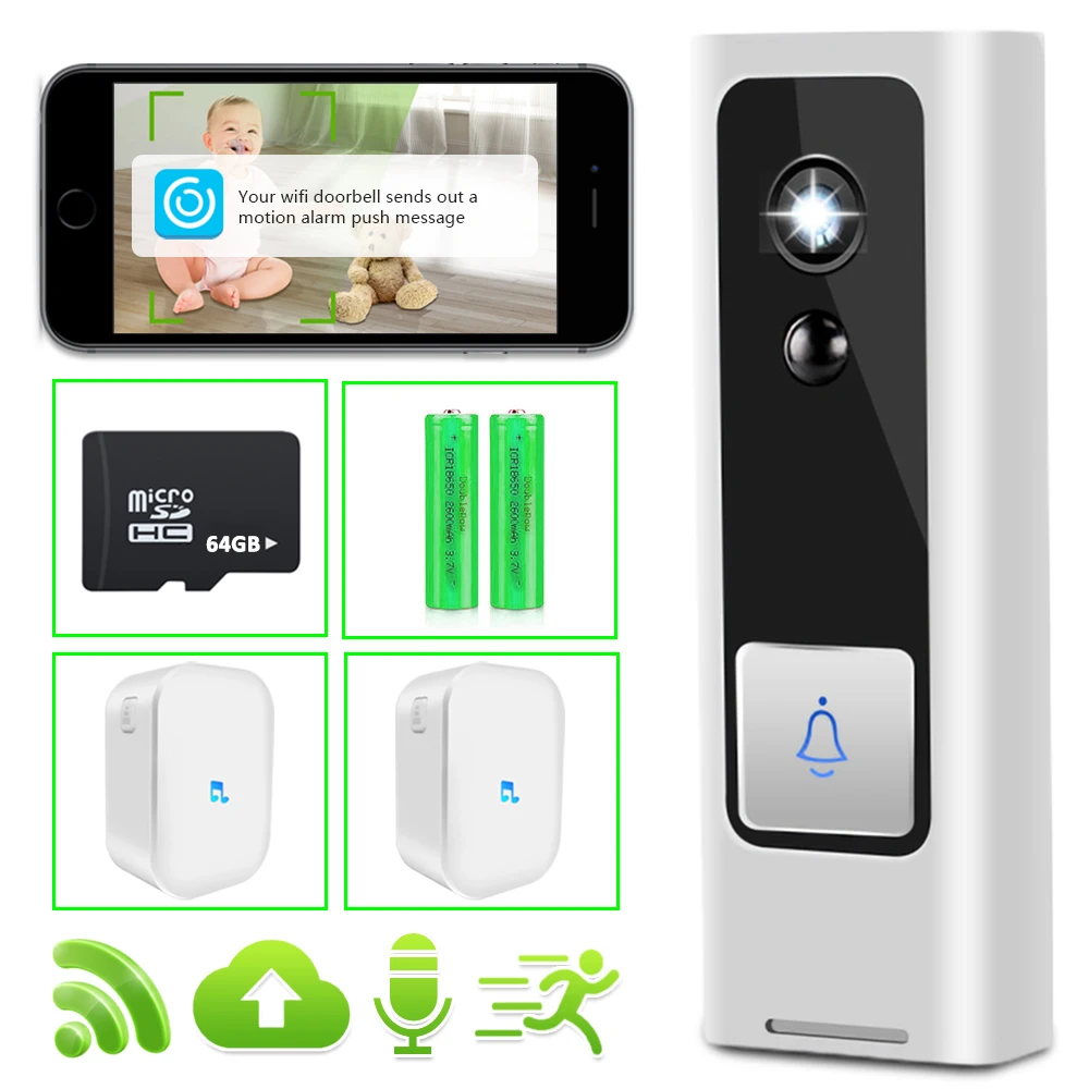 Timbre de puerta inteligente con batería inalámbrica, intercomunicador de vídeo, cámara de seguridad para el hogar, PIR, Monitor de bebé humano, visión nocturna, Audio