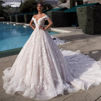 Customized Off The Shoulder A Line Lace Wedding Dresses Elegant Appliques Bride Dress Cathedral Train Bridal Gown Plus Size 1