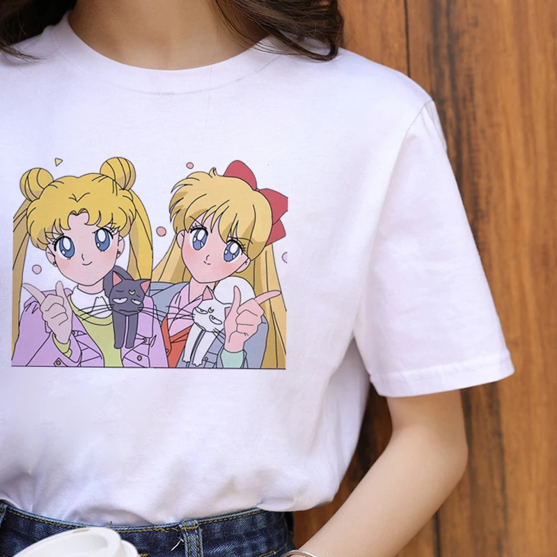 Sailor Moon Kawaii Harajuku футболка женская Ullzang забавная футболка с рисунком аниме кошки 90s корейский стиль Футболка Модный Графический Топ Женская