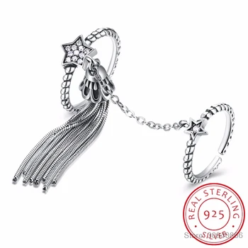 

Real 925 Sterling Silver Meteor And Romantic tassel Double Star Rings For Women Luxury Vintage Fine Jewelry