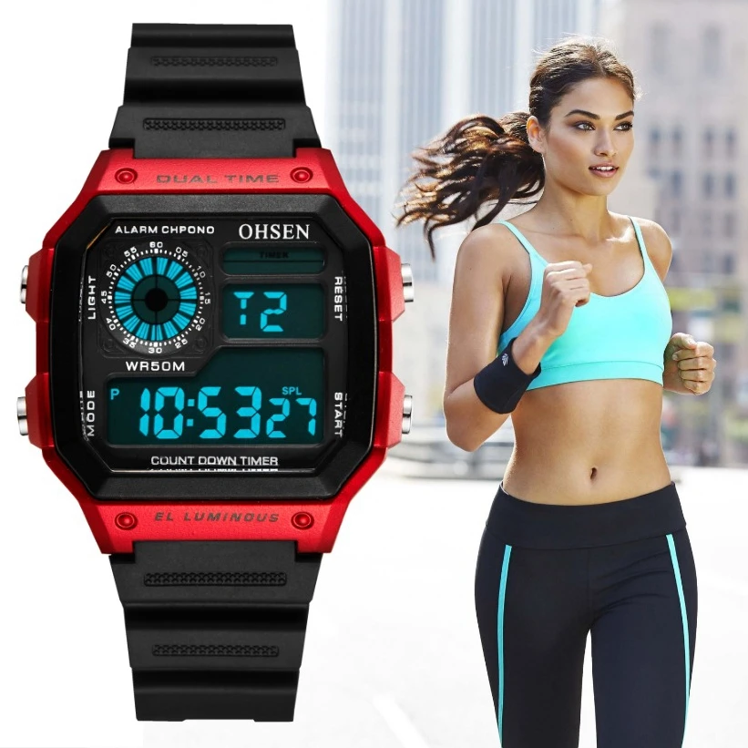 Топ OHSEN модные цифровые lcd женские спортивные наручные часы reloj mujer красные модные водонепроницаемые часы с резиновым ремешком