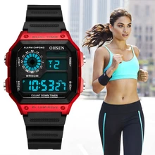 Топ OHSEN модные цифровые lcd женские спортивные наручные часы reloj mujer красные модные водонепроницаемые часы с резиновым ремешком