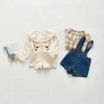 

FOCUSNORM 0-24M Newborn Baby Girls Boys Clothes Sets 2pcs Floral/Plaid Peter Pan Collar Long Sleeve Tops Denim Overalls Shorts