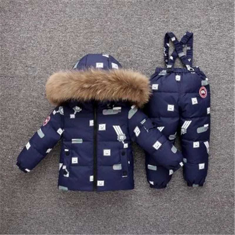 Зимний детский комплект одежды для мальчиков, пуховик, пальто+ комбинезон для девочек, теплый пуховик на утином пуху, Детское пальто для снежной погоды - Цвет: Синий