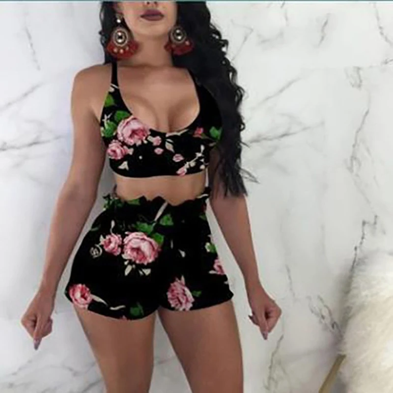 Women Summer Two Piece Set Floral Sleeveless Crop Top Shorts Outfits Summer Casual Female Set Beach Club Clothes lingerie set