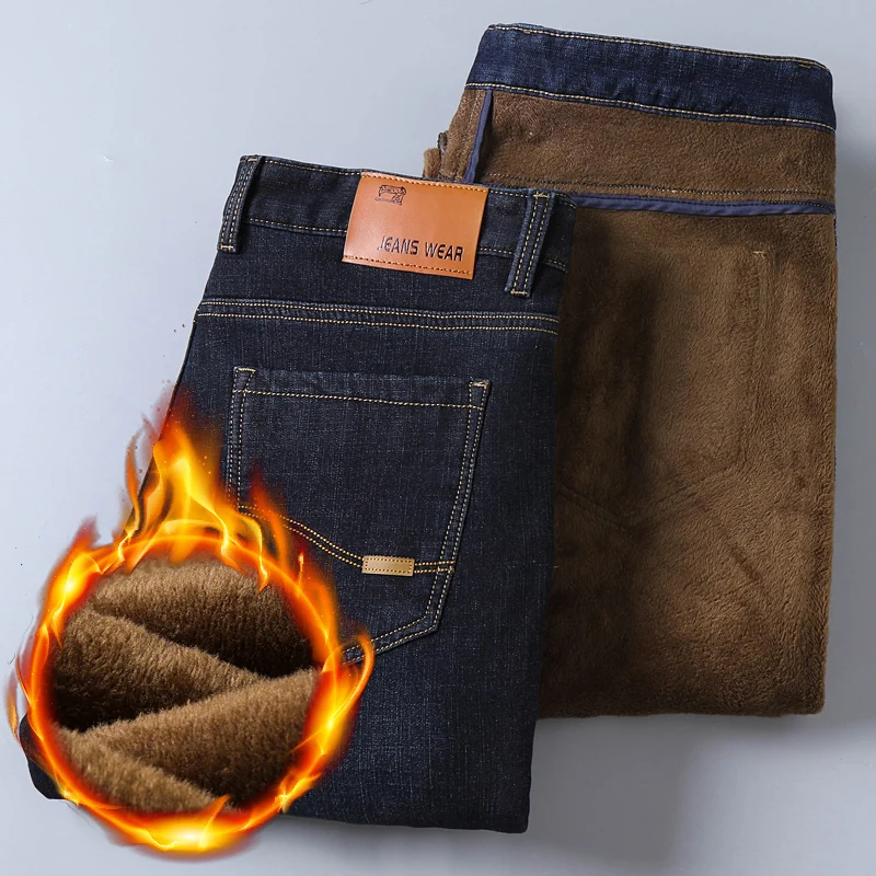 Мужские классические стильные деловые повседневные зимние плотные вельветовые Теплые джинсы, модные флисовые однотонные узкие прямые джинсовые брюки