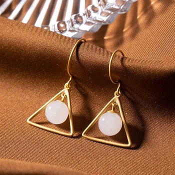 

Hetian jade white jade round bead personality geometric simple women's earrings earrings earrings earrings earrings
