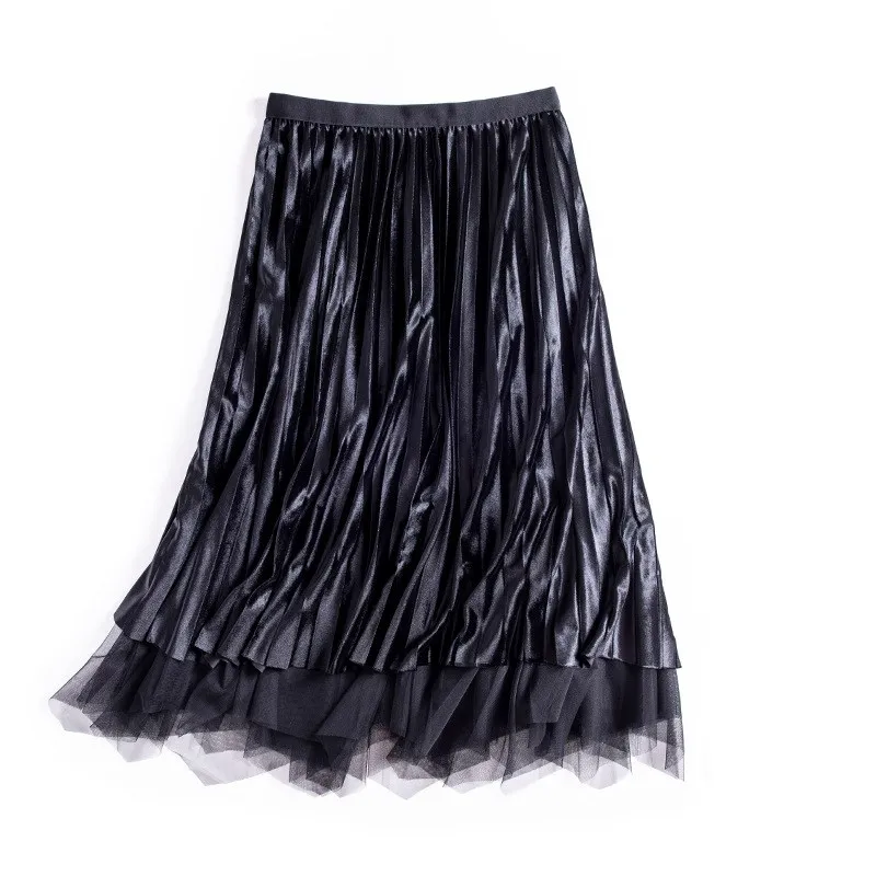 

Spring Tulle Mesh Velvet Skirts Women Winter High Waist Pleated Skirt Female Patchwork Elegant Skirt