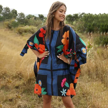 

Cape For Swimsuit Beach Cover-Ups Sexy Dress Outings Tunics Women's Summer 2020 New Puffy Loose Neck Bat Long Sleeve Women Print