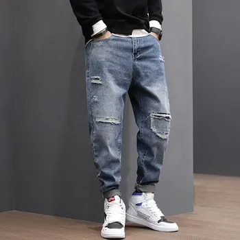 

Fashion Streetwear Men Jeans High Quality Loose Fit Destroyed Ripped Harem Pants Blue Color Designer Japanese Hip Hop Jeans Men