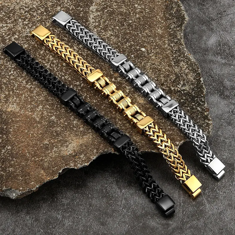 Motorcycle Men Bracelets 12MM Stainless Steel Gold Jewelry Wide Hand Chain Link Accessories Wristband Male Bangles Friends Gifts