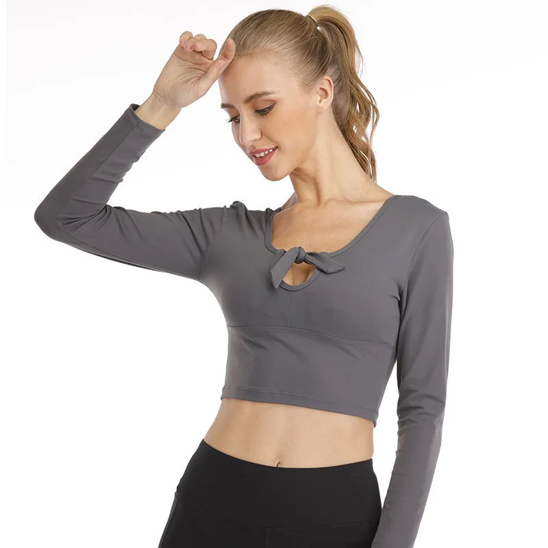 

2019 Autumn Woman Yoga Shirts Seamless Fitness Long Sleeve Wear On Both Sides Workout Running O-neck And Lace Gym Top Women