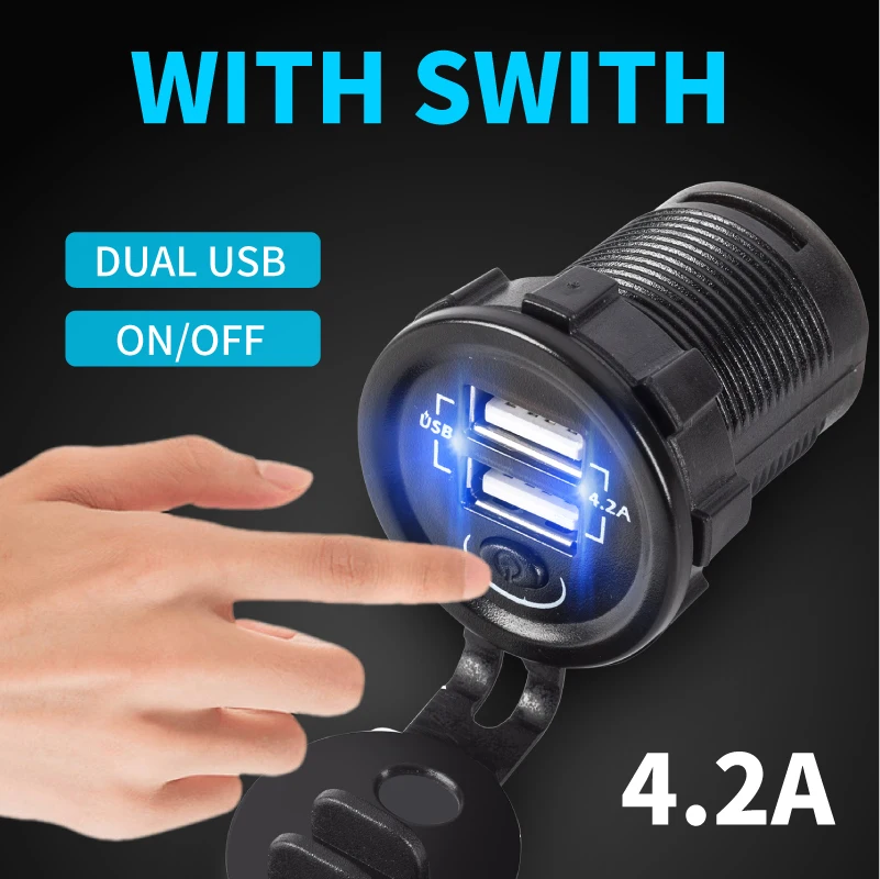 

Car Usb Adapter Conerter With Led Light Waterproof Quick Charge Cable With Switch On/Off Button