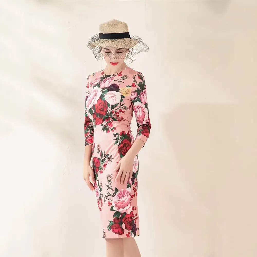 Truevoker весенние дизайнерские Романтический Robe Ete Для женщин High End розового цвета с цветочным принтом по колено карандаш вечерние платья