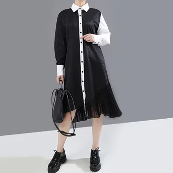 

Korean Fashion Color Block Shirt Dress Women Long Sleeve Oversized Casual Elegant Ladies Mesh Pleated Midi Black Office Dresses