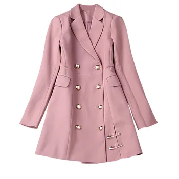 

Women Notched Neck Double Breasted Split Pin Buckle Long Sleeve Black Blazer 2019 New Fashion Black Coat